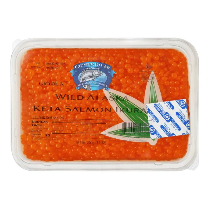Wild Alaskan Keta Salmon Red Caviar, Copper River Seafoods, Kosher Whole Salmon Chum Roe/Ikura, 500g/1.1lb (Pack of 2)
