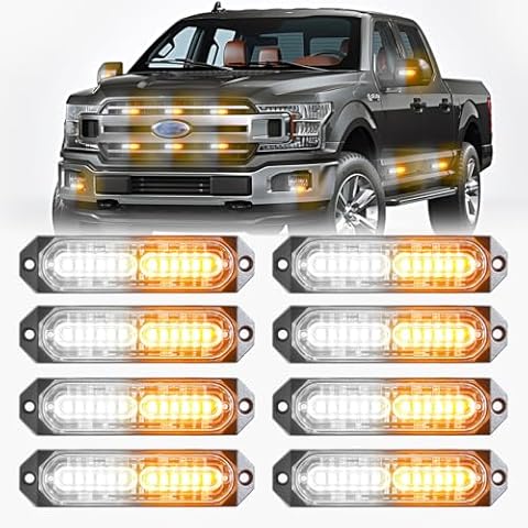 BooYu Amber/White LED Surface Mount Emergency Strobe Flashing Lights for Trucks Vehicles Car, Ultra Slim Sync Feature Hazard Warning Beacon Grille Light Bar for Firefighter/Construction/Police (8 Pcs) Cover