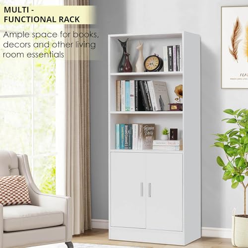 Image of About Space 5 ft Kitchen Cabinet - 5 Tier Wooden Storage Cabinet with 3 Open Shelves & 2 Magnetic Door Crockery Cabinets, Easy to Assemble for Home Living Room (White - L 57 x B 25 x H 158 cm)