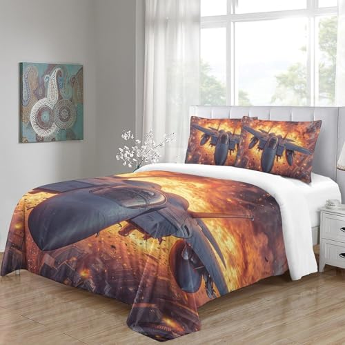 Housse de couette avion combat 140x200cm avec 2 taies d'oreiller lit simple
