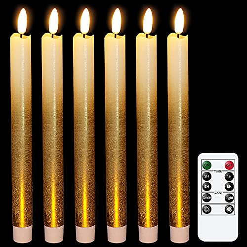 Image of Wondise Gold Flameless Taper Candles with Timer & Remote, 9 Inch Battery Operated LED Flickering Window Candle for Christmas Thanksgiving Decorations, Set of 6