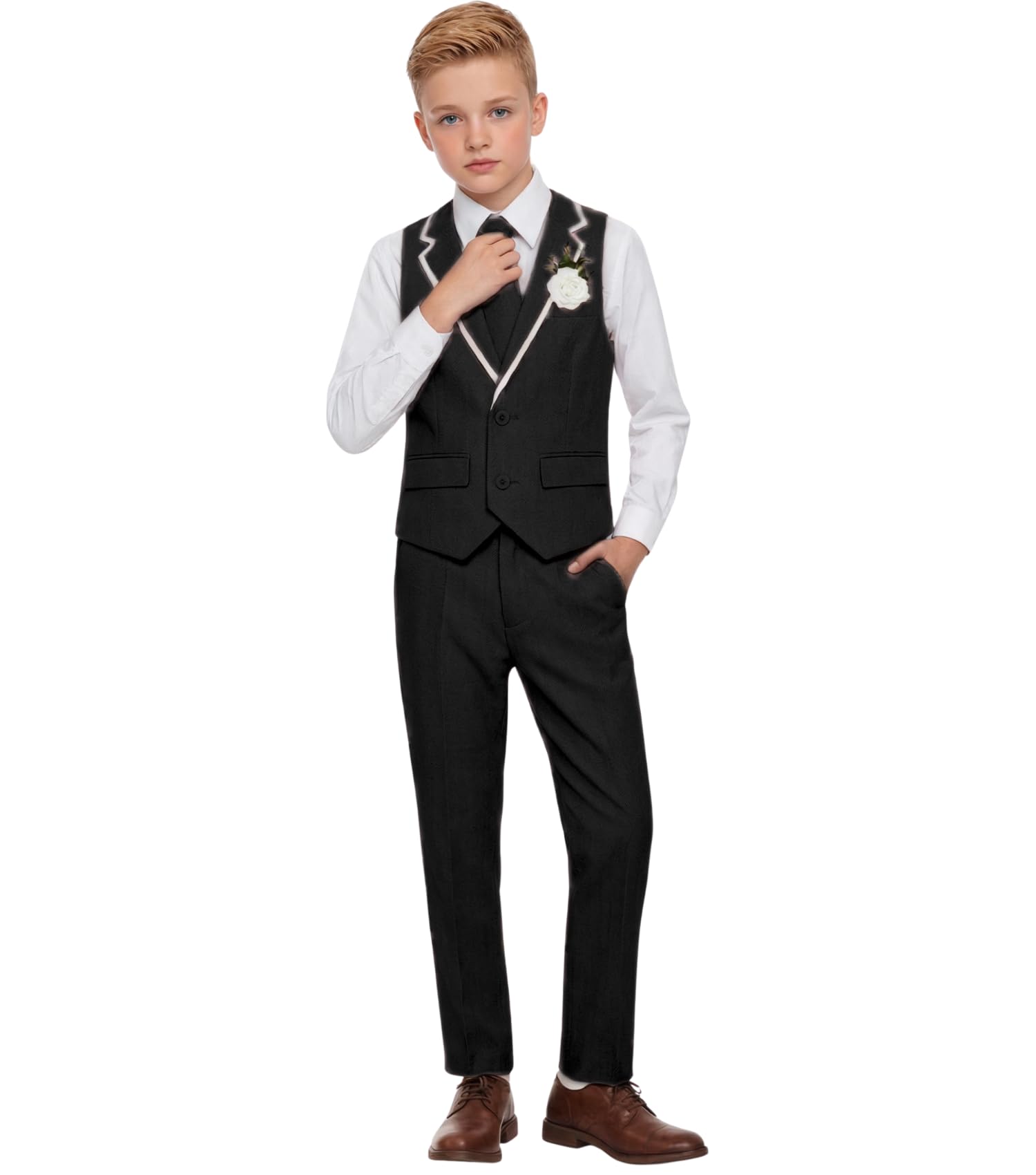 DOISPON Jungenanzug für Kinder, Smoking, schmale Passform, 5-teiliges Set, Hemd, Weste, Hose, Set für Teenager, Kleid, Kleidung, Hochzeits-Outfit mit Krawatte und Fliege
