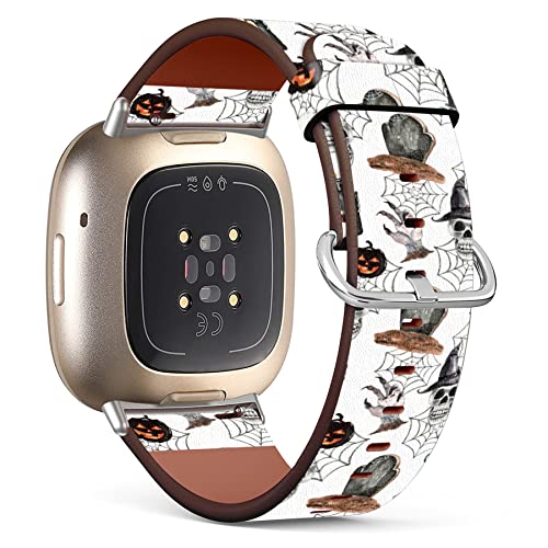 Mingdao Compatible with Fitbit Versa 4 / Versa 3 / Sense 2 / Sense Patterned Leather Replacement Band (Halloween Pumpkin and Skull with Witch Hat)