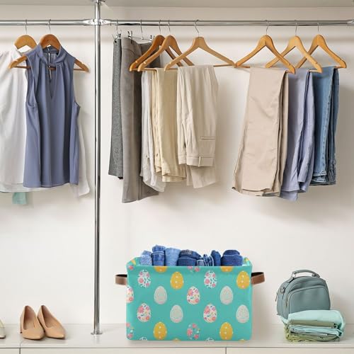 Image of Wamika Happy Easter Day Eggs Storage Basket Fabric Laundry Baskets Easter Rabbit Bunny Spring Storage Boxes Organizer Bag for Baby Cloth Dog Toy Book Storage Cubes Shelf Closet Bins 16x12x8 Inches