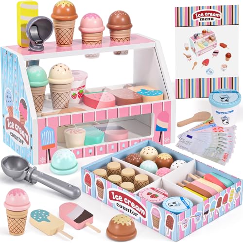 Heladeria Juguete de Madera para Niños, Tienda de Helados Accesorios de Cocina con Alimentos de Juguete Dinero para Jugar, Helados Madera Juguete Juego Educativos Regalo para Niñas Niños 3 4 5 6 años