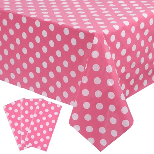 Kesfey 3 Packs Minnie Mouse Tablecloth 54 x 108 Inch Pink Polka Dot Table Cloths Disposable Plastic Pink Waterproof Picnic Table Covers Pink and White Dots Minnie Tablecover for Birthday Party