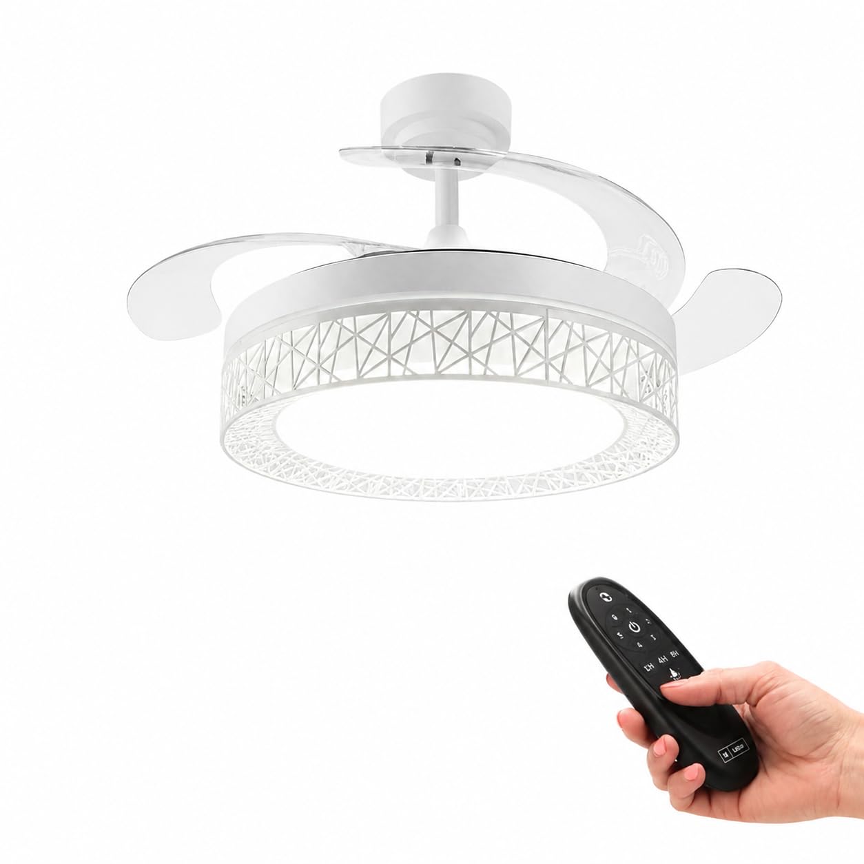 IluminaShop Ventilador de Techo con luz LED 66W con Luz CCT Regulable y Control de Intensidad, Motor DC 30W+Luz 36W, Silencioso, 6 Velocidades, 4 Aspas Retráctiles, Temporizador.