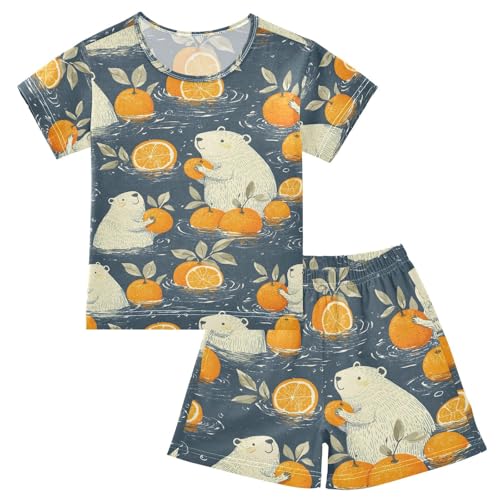 ALAZA Polar Bear Fruit Orange Pajamas Set Short Sleeve Cotton Sleepwear Summer Pjs 2 Piece 5-14Y