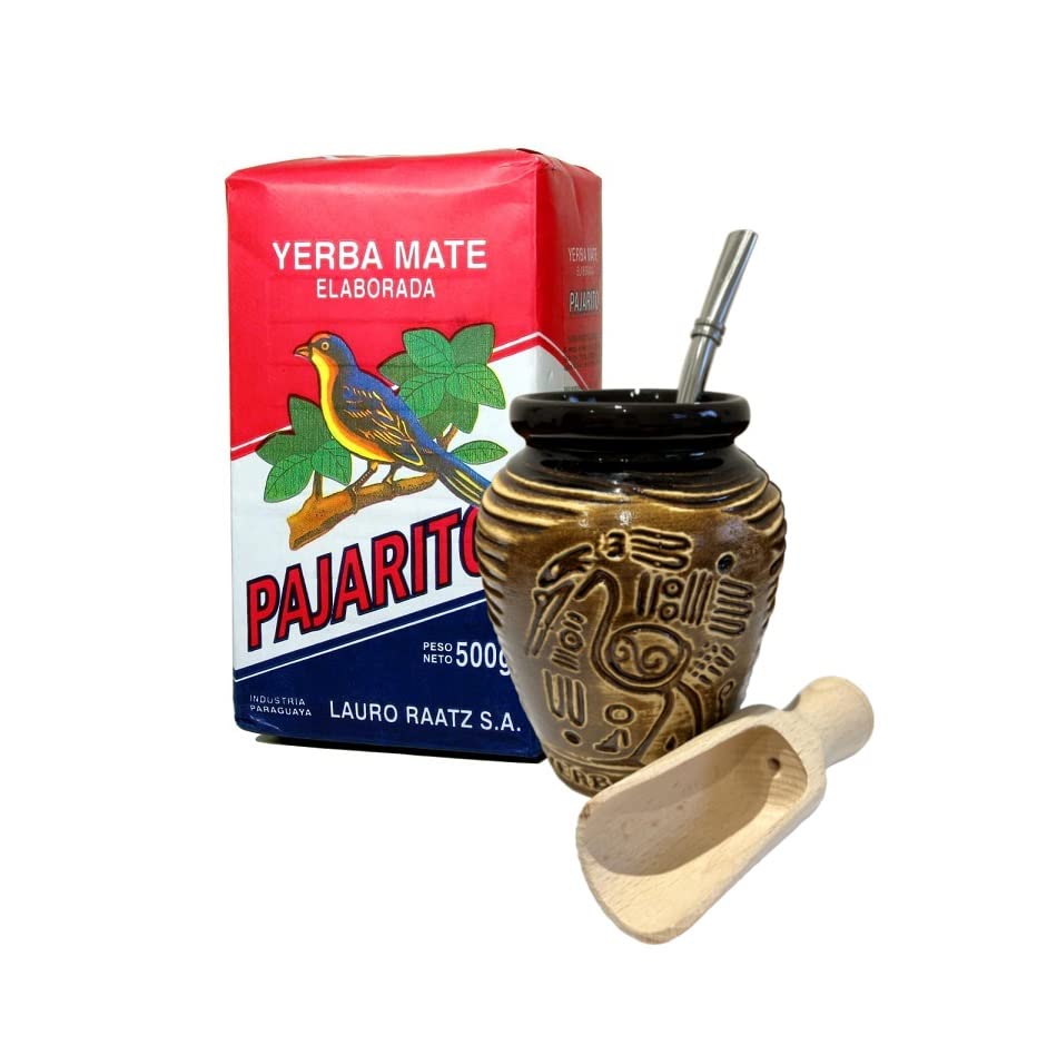 Pajarito Elaborada Yerba Mate Tea Set | Natural Strong Energy Drink|Mate Tea Complete Set|Begginer's Kit|Yerba Mate Pajarito Elaborada Booster 500g|Ceramic Bird Cup Gourd 300ml | Stainless Bombilla