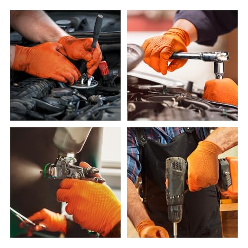 10mil Nitrile-Gloves Disposable-Orange Chemical-Resistant Rubber - Mechanic Gloves Heavy Duty, Latex Free, Diamond Grip (100, X-Large)