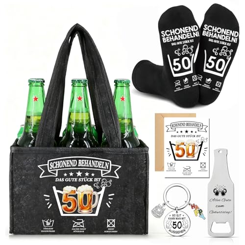 Wryzorix Männerhandtasche Bier Geschenkset Geburtstagsgeschenk Mann 50.Geburtstag Geburtstagsgeschenk für Männer Bier Handtasche Socken Flaschenöffner Schlüsselanhänger & Karte Biergeschenke Männer