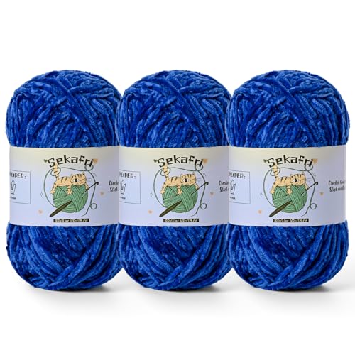 Image of 3 Pack of 300g (590yds) Fuzzy Chenille Yarn for Crocheting,Fluffy Amigurumi Crochet Yarn for DIY Craft /Hat /Clothes, Soft Velvet Baby Blanket Yarns（3 Royal Blue）