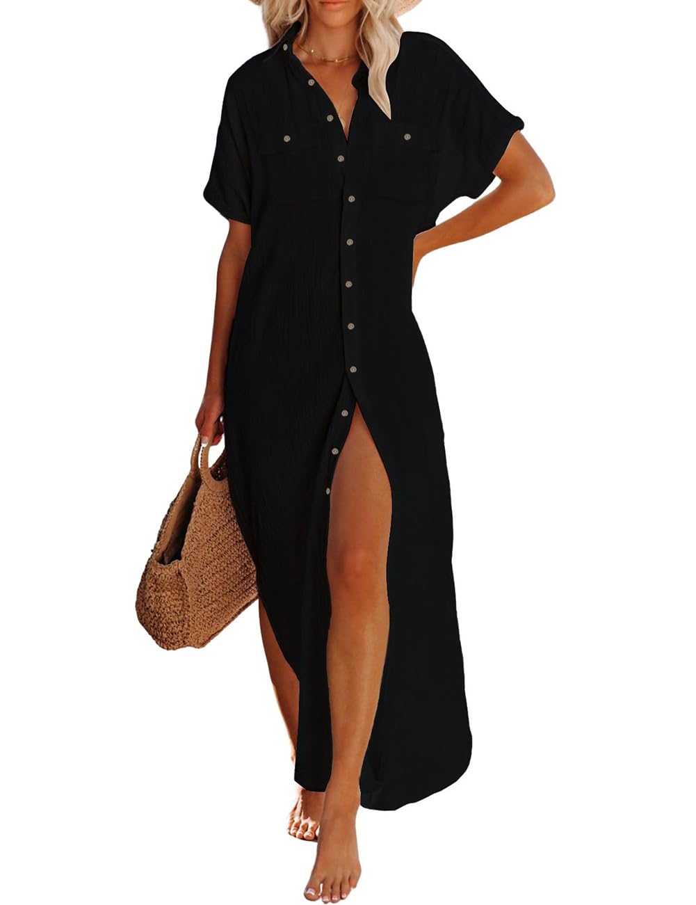 Bsubseach Mujer Vestido Largo de Verano con Botones Kimono Cárdigan de Playa con Manga Corta Cubre Traje de Baño Camisa de Playa