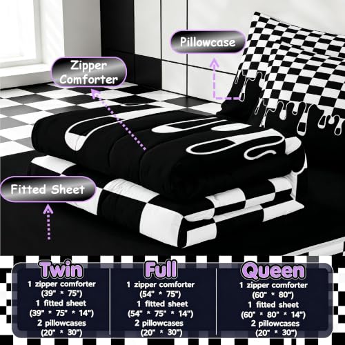 Image of Black and White Checkered Easy Wash Zipper Bedding Full,Checkerboard Drip Removable Cover Comforter Set with Deep Pocket Fitted Sheet,Y2K Aesthetic Geometric Soft Breathable Bed in a Bag for Dorm