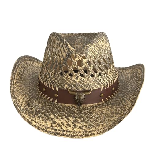 Image of Men & Women's Summer Cowboy Cowgirl Straw Hat Hollow Out Woven Roll Up Wide Brim Sun Hat with Chin Strap