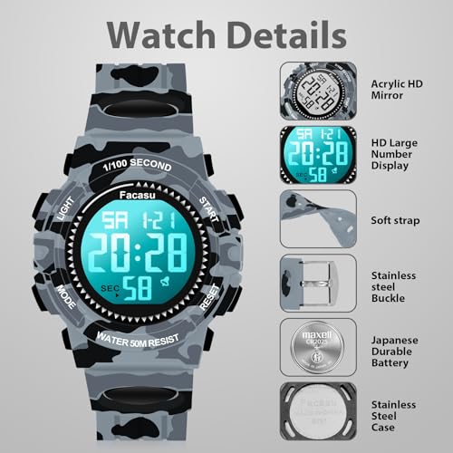 Image of Kids Watch Digital for Boys-Waterproof Kids Sports Watch with Light, Alarm&Snooze,Stopwatch Military Design Silicone Band Gift for Birthdays,Christmas Outdoor Activities(8+ Years)