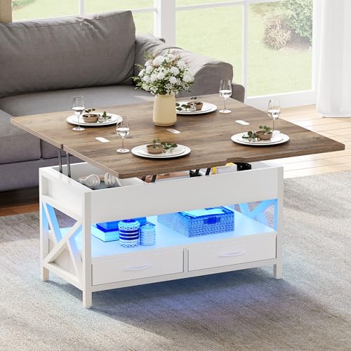YITAHOME Couchtisch Höhenverstellbar, Wohnzimmertisch mit Schublade und LED, Couchtische mit Verstecktem, Kaffeetisch Fach Umwandelbar in Esstisch 90X50X51.5CM