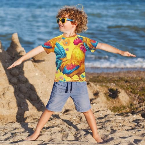 Boys Short Sleeve T-Shirts Rooster Flower Yellow Rashguard Kids Swim Shirts Sun UPF 50+4