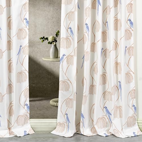 Image of Tranquebar Curtain Co. Window Curtains 5 Feet, 60-65% Room Darkening,Peach-Blue Bird Print, Cotton Curtains for Window, Cotton Curtains 5 Feet Long Set of 2,BackTab Loops,Mithu (152 cm)- Set of 2