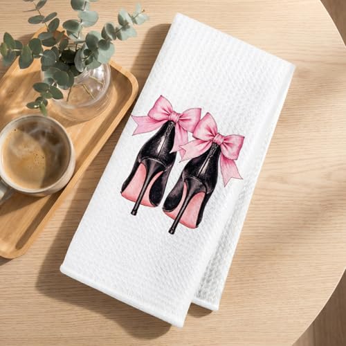 Image of Hanamiya Na 2Pcs Pink Hand Towels Decor for Bathroom 24x14 Inch, Bow Decor Reusable Towel, Waffle Weave Tea Towels for Bathroom Kitchen Farmhouse Decor, Washroom Gifts for Women Friend