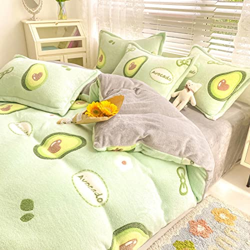 YUNHOME, Juego De 4 Piezas Sábana Hoja Edredón Calor Colchas Cama Invierno Grueso Tridimensional Nieve Polar Juego De 4 Piezas Franela De Doble Cara Leche Coral Vellón Edredón Sábana De Cama-Aguacate