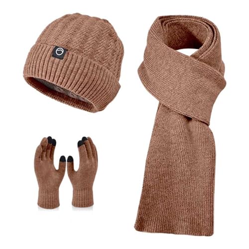 Winter Warm Hat Scarf and Touchscreen Gloves Set, Knitted Pom Beanie Hat Neck Warmer Long Scarf Winter Gloves (Khaki, One Size)