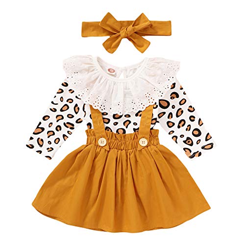 Newborn Baby Girl Skirts Set Leopard Prints Ruffle Long Sleeve Romper + Suspender Dress + Headband Fall Clothes (Yellow, 3-6 Months)