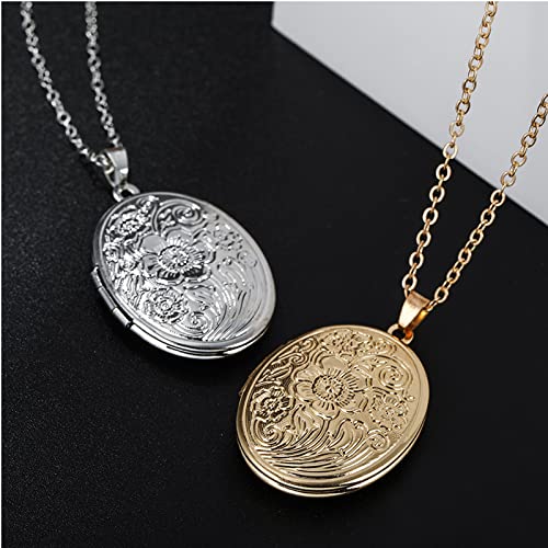 Vintage Engraved Flower Empaistic Photo Locket Hold Picture Oval Round Pendant Necklace Antique Carved Pattern Souvenir Memorial Clavicle Jewelry for Women3