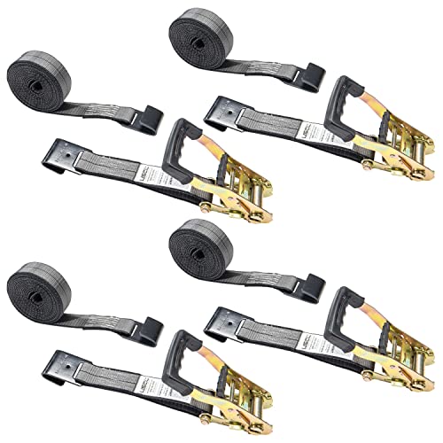 US Cargo Control Flat Hook Ratchet Straps, 2 Inch Wide X 18 Foot Long, Blackline Webbing, Rubber Coated Ratchet Handle, 4 Pack