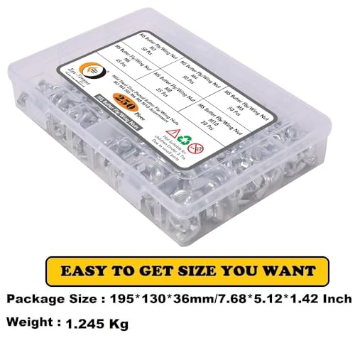 Image of Epi-Torque 250 Pcs 6 Sizes Butterfly Wing Nuts Assortment Kit, M3 M4 M5 M6 M8 M10 Sizes Zinc Plated Wing Nuts Fasteners