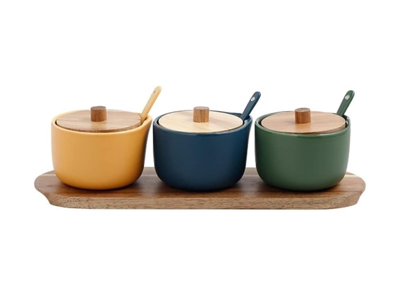BCJMKDX Fermenter. Ceramic Condiment Container Set With Spoon Lid And Wood Tray Home Seasoning Pot Spice Pot Sugar Container Set(B)
