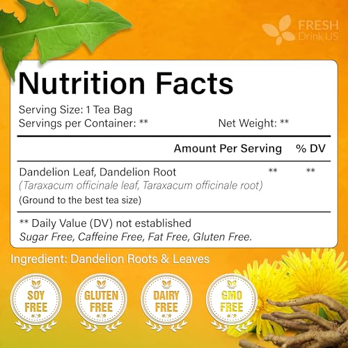 Image of FreshDrinkUS, Premium 75 Dandelion Leaves and Roots Tea Bags, 100% Natural & Pure, Herbal Tea, Daily Infusion Botanical, No Sugar, No Caffeine, No Gluten, Vegan. Powerful Support.