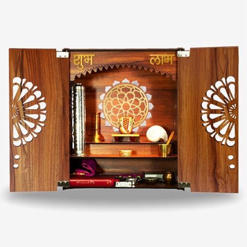 Heartily Namah Beautiful Wooden Pooja Mandir with Door Home Temple with Door Home Mandir with LED Spotlight Product (18 inches height)