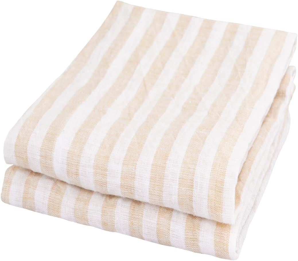Linen Tea Towels for Kitchen Set of 2, 100% Linen, Beige Tea Dish Towel, French Striped, Farmhouse-Style for Washing Dishes, Tan Dishcloth, Stone Washed Towels, Beige Kitchen Towel 18x28