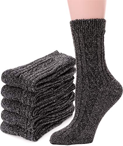 Womens Wool Socks 5 Pairs Warm Winter Boot Crew Novelty Ladies Work Duty Soft Long Cold Socks for Ladies (Black & Grey)