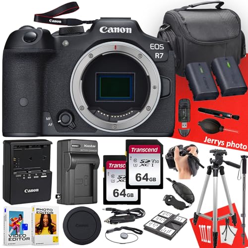 Canon EOS R7 Mirrorless Camera (Body Only) + 128 GB Memory + Tripod + Monopod + Hand Grip + Extra Battery + Extra Charger + More (22pc Bundle) (Renewed)