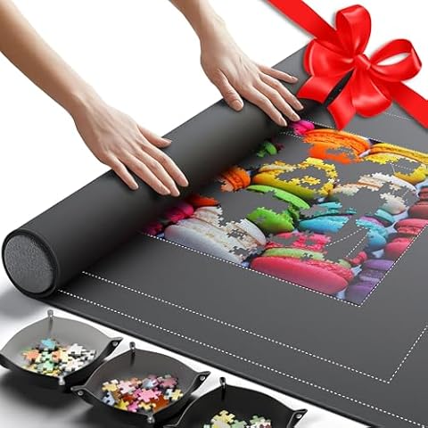 Newverest Jigsaw Puzzle Mat Roll Up, Saver Pad 55” x 35.5” Portable Keeper Up to 3000 Pieces with Non-Slip Rubber Bottom and Polyester Top + 3 Puzzle Sorting Trays, Travel-Friendly Storage Bag Cover