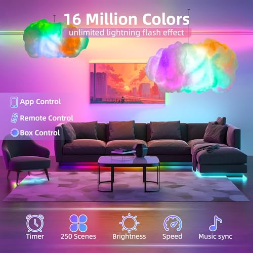 Image of 3D Big Cloud LED Light Kit with Music Sync by Remote & APP Control RGB Multicolor Changing Strip Lights, DIY-Free Cool Decor for Bedroom, Living Room, Kids & Adults. (One Set)