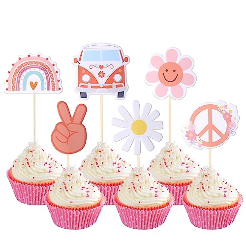 36 Pack Hippie Party Cupcake Toppers 60's Retro Rainbow Peace Sign Bus Two Groovy Carnival Party Cupcake Picks Hippie Theme Boho Birthday Party Cake Decorations Supplies