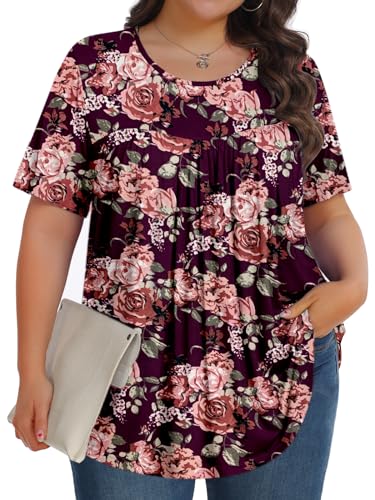 Image of Tencede Womens Plus Size Tops Tunic Short Sleeve Crew Neck Shirts Casual Soft Blouse 1X-5X