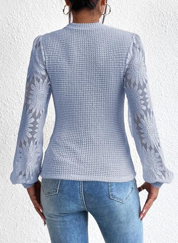 Image of BLENCOT Womens Casual Crochet Top Mesh Lace Long Sleeve Shirts Waffle Knit Blouse Crewneck Shirt Fall Womens Tops Pullover