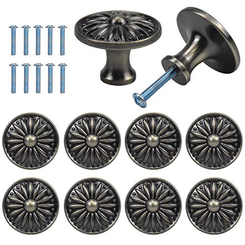 Jinlaili 10PCS Vintage Pomo de Armario Redondo, 35MM, Pomos y Tiradores Retros para Muebles, Armarios de Cocina, Cajones, Puertas (Bronce)