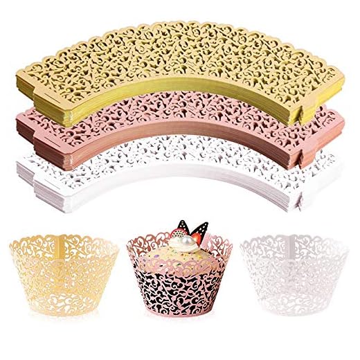 WUWEOT 150 Pack Cupcake Wrappers, Little Vine Lace Laser Cut Liner, Paper Baking Cups for Wedding Party Birthday Baby Showers Decoration (Gold, White, Pink)