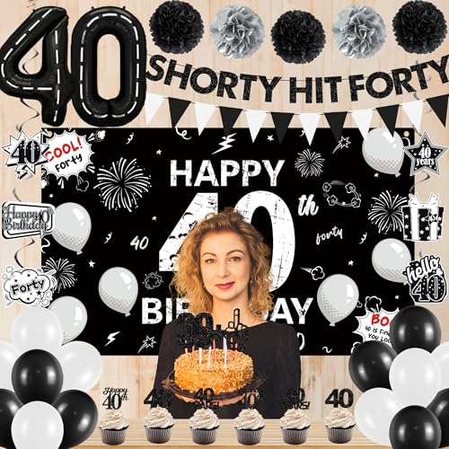 Image of Holkcog Black 40th Birthday Party Decoration for Women, Black Forty Birthday Cupcake Toppers, Banner, Number 40 Ballons, 40th Party Gifts, Glitter Cheers to 40 Years Old Happy Party Supply