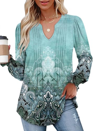 BETTE BOUTIK Long Sleeve Shirts for Women Fall Tops Dressy Blouses Pleated V Neck Tunic Tops for Leggings S-3XL