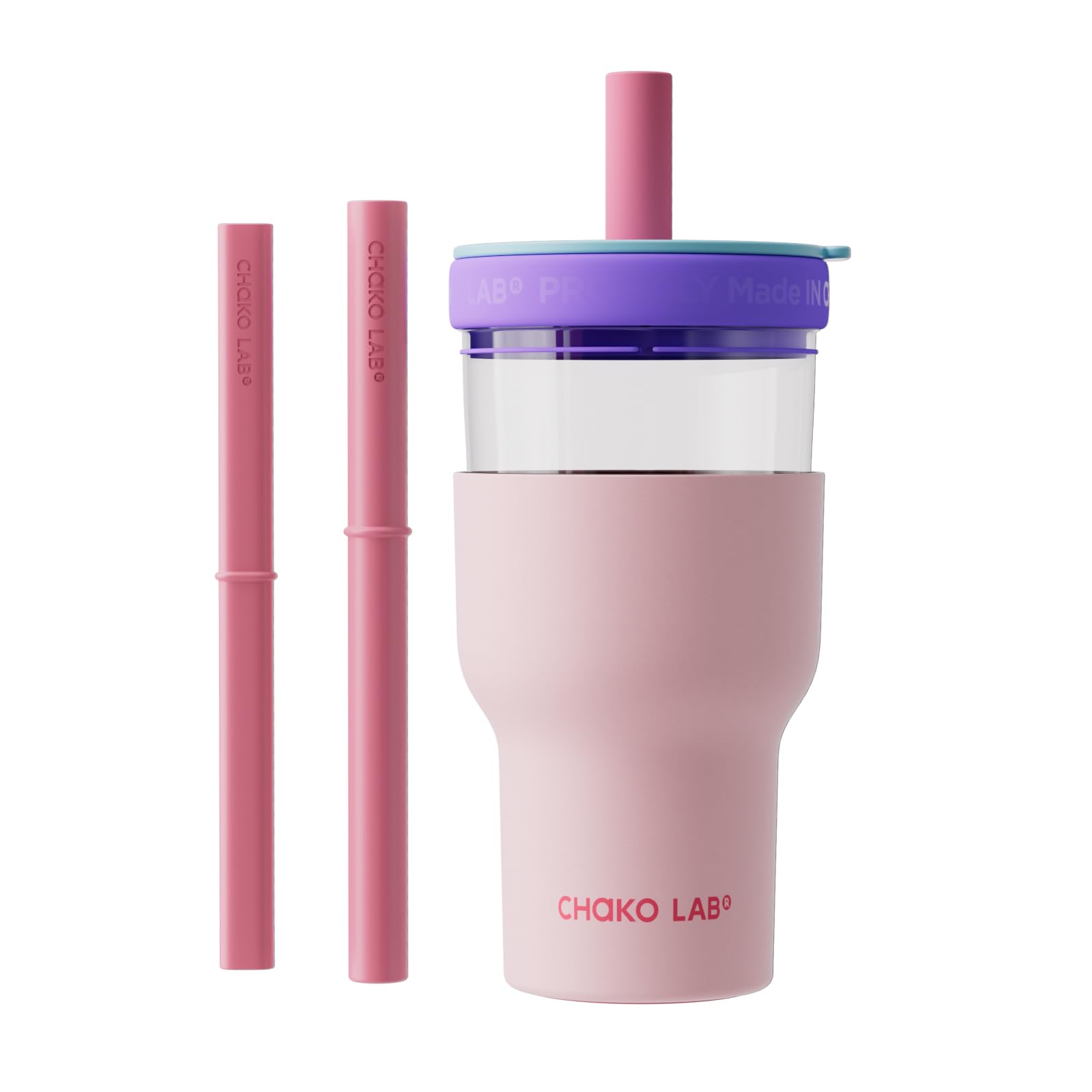 CHAKO LAB Isolierflasche aus Edelstahl | Doppelschichtiger Becher mit Glas- und Edelstahl-Innenbehälter | BPA-frei auslaufsichere Thermoskanne | 600ml Flasche mit zwei Strohhalmen | Rosa & Lila