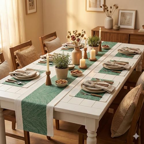 Image of YELONA Placemats and Table Runner Set - Heat Resistant, Non-Slip & Washable PVC Vinyl Dining Table Mats - Jade Green (6 Placemats: 45x30 cm, 1 Runner: 180x30 cm)