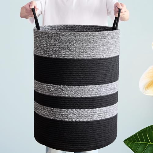 Image of 80L Large Black Laundry Hamper Tall Woven Laundry Basket