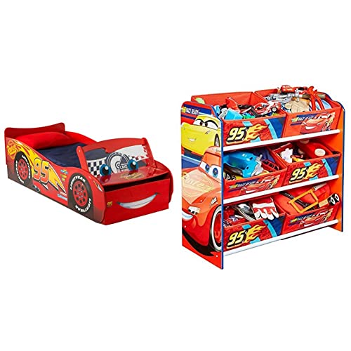 Disney Cars Lightning McQueen - Lit pour garçons avec Rangement et Pare-Brise Lumineux, Rouge, 169,50 x 76,70 x 54,40 cm & Disney Cars - Meuble de Rangement pour Chambre d’Enfant avec 6 Bacs