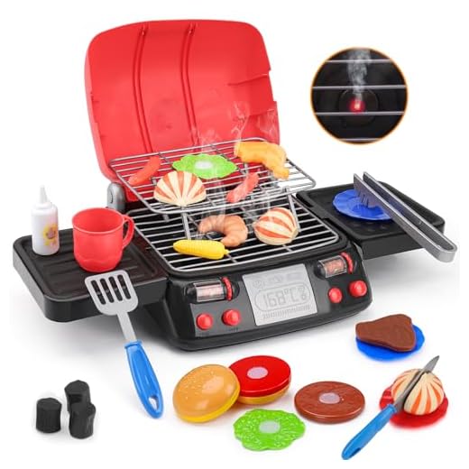 AugToy Kids Play Food Grill with Pretend Smoke Sound Light Kitchen Playset Pretend BBQ Accessories Fine Motor Skills Toy Cooking Birthday Gift Outdoor Toys for Toddlers Children Boys Girls